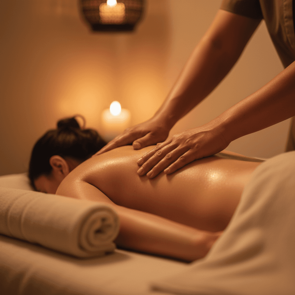 A warm, intimate candlelit aesthetic close-up shot of a Thai massage therapist's hands performing a deep tissue massage on a client's back