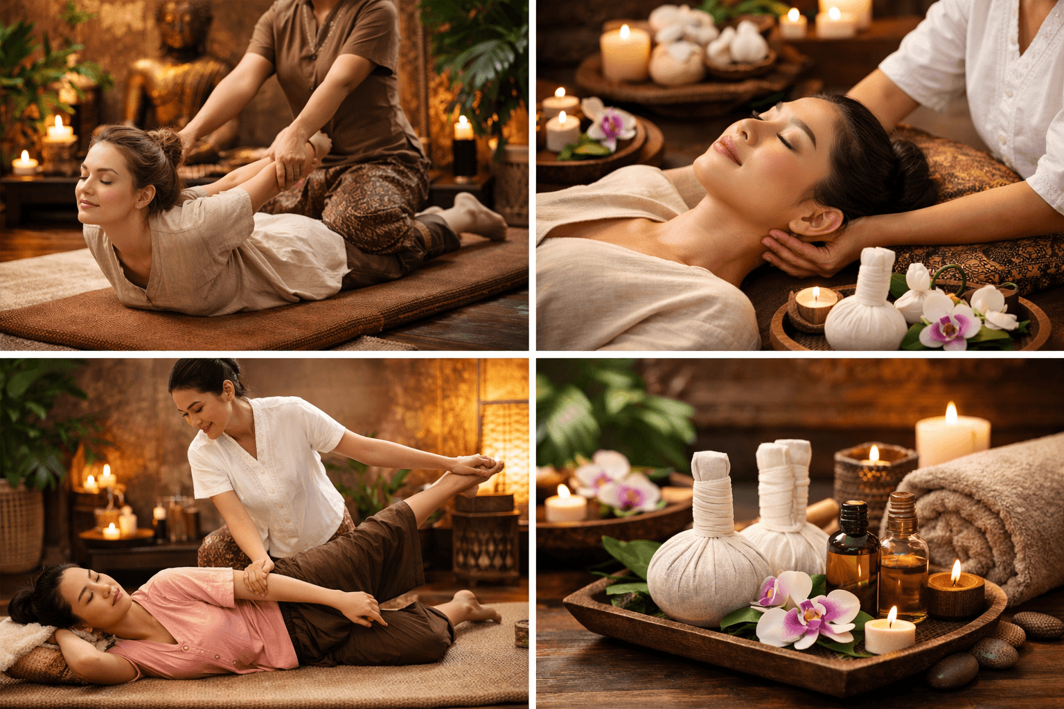 Collage of traditional Thai massage treatments and spa products like herbal compresses and candles.