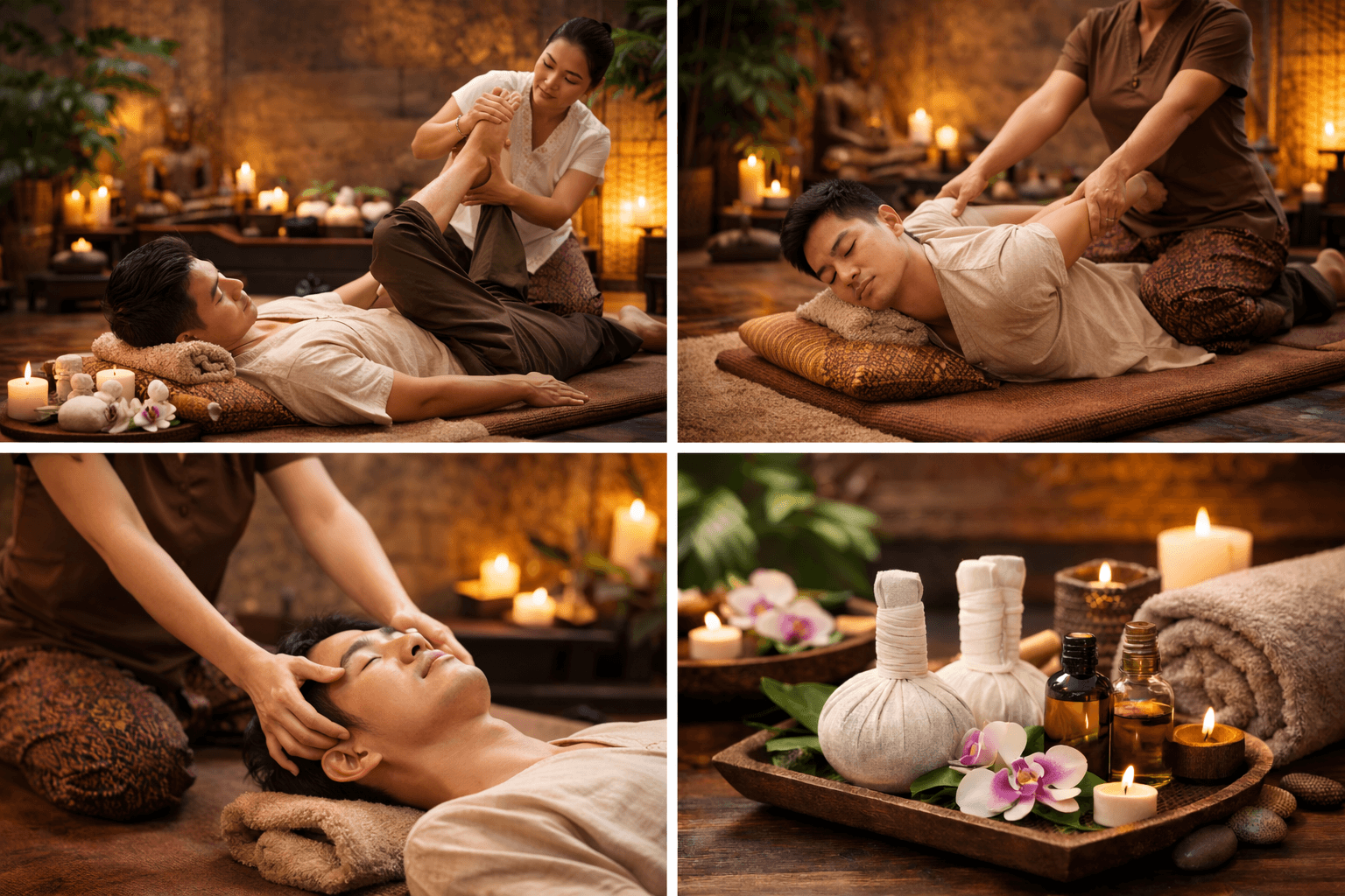 Collage of a man receiving a traditional Thai massage, featuring stretches and candlelit spa supplies.