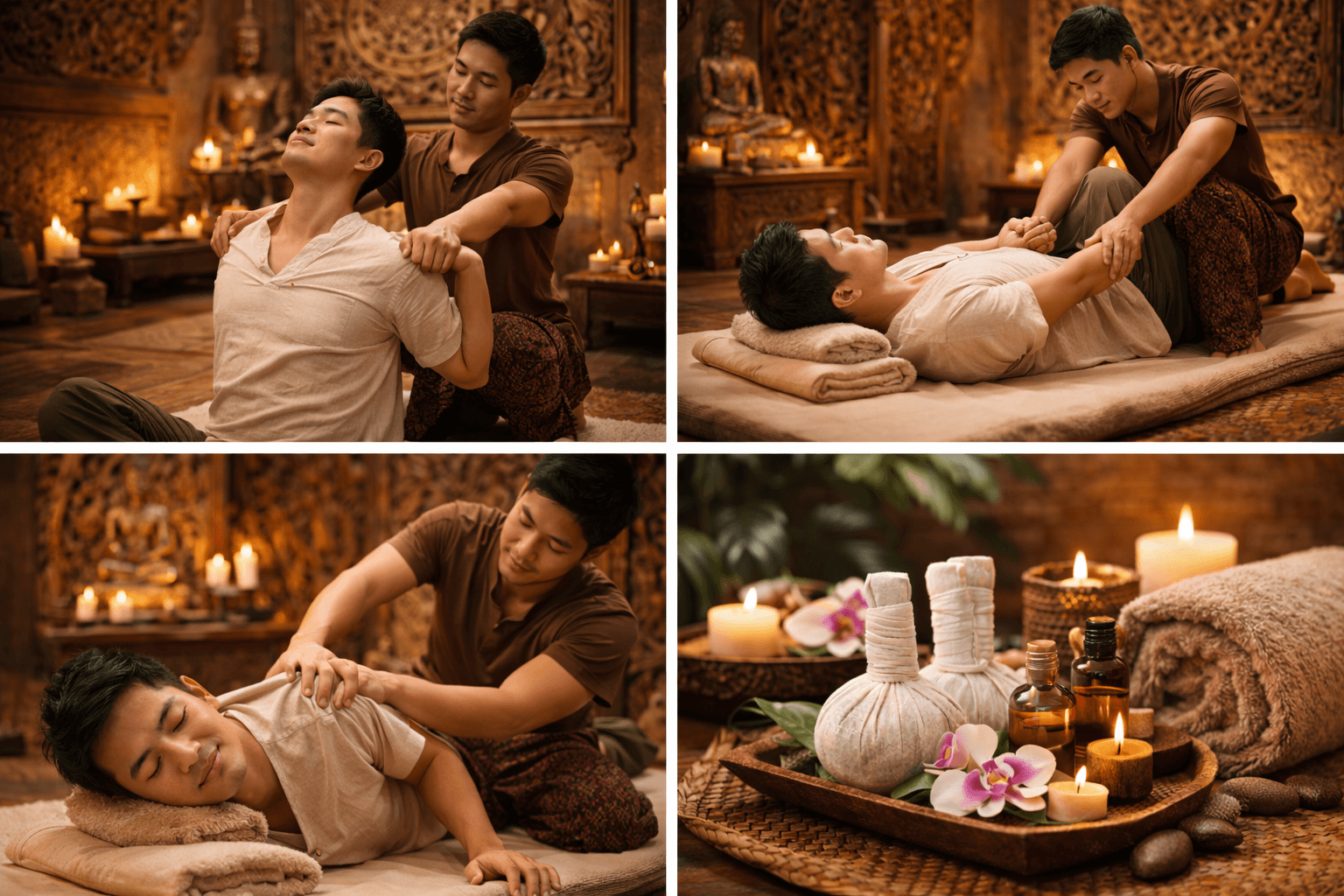 Collage of a man receiving traditional Thai massage and a display of herbal spa accessories.