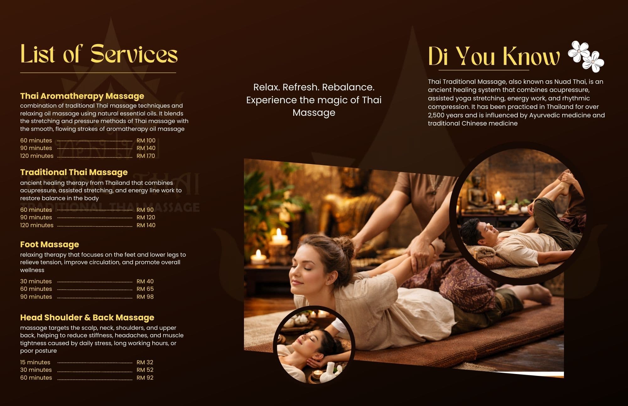 Thai massage service menu with prices and photos of traditional stretching and massage techniques.